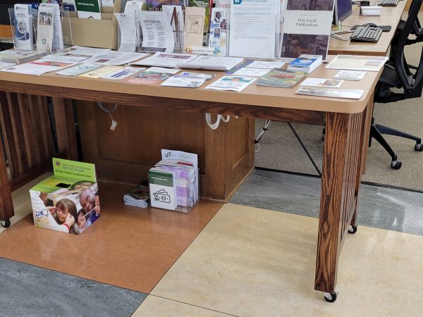 table with brochures