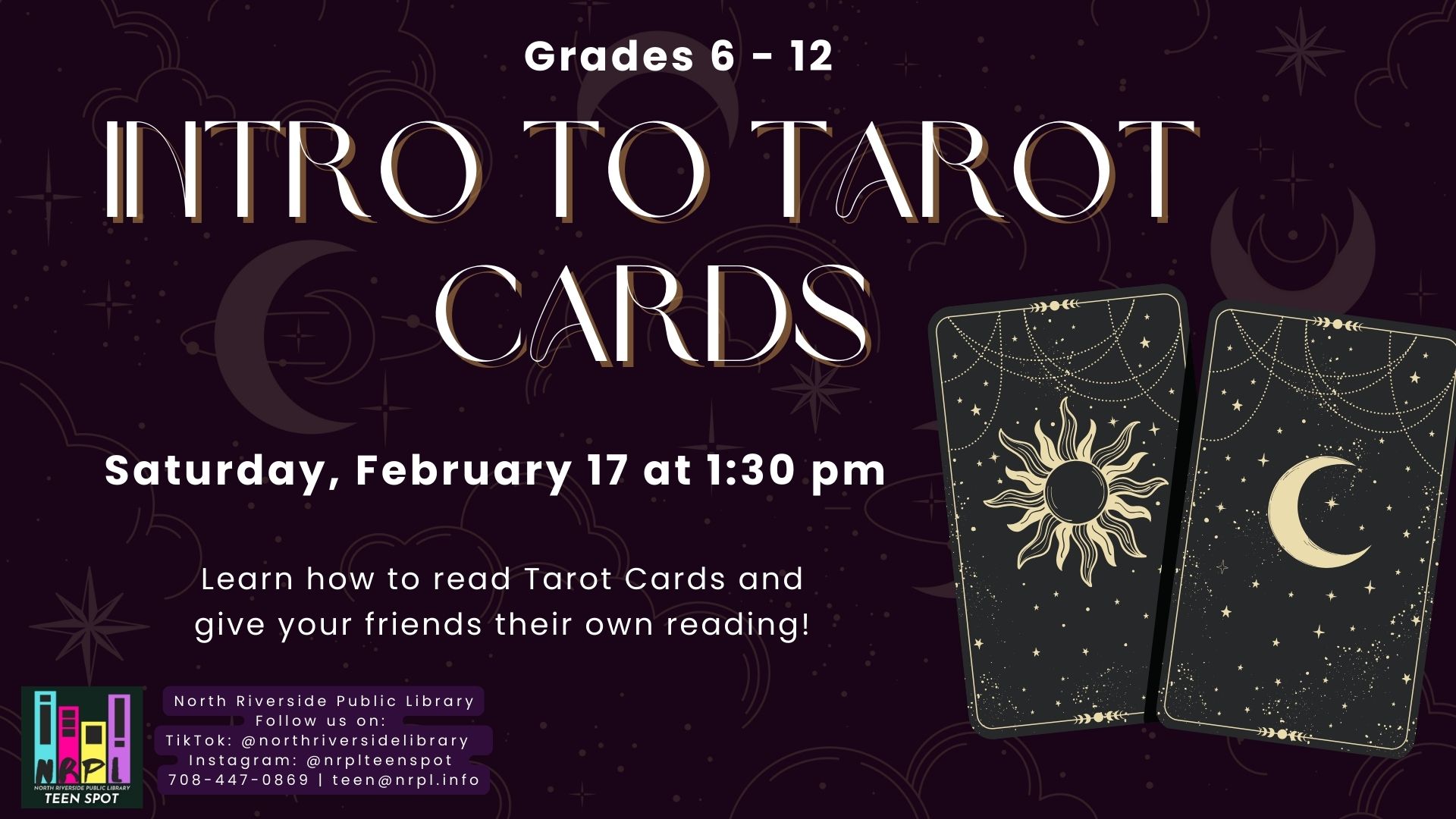 Intro to tarot cards for teens program flyer