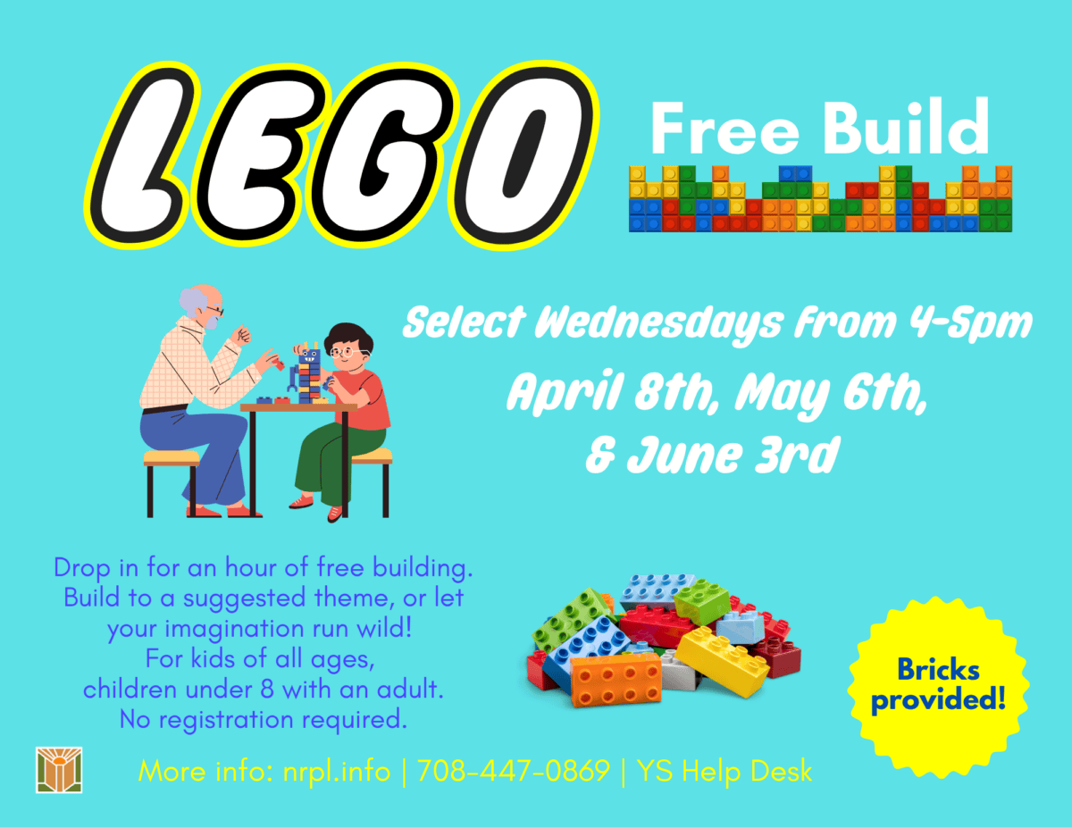Lego Free Build Select Wednesdays | 4 – 5 pm April 8, May 6 & June 3 Drop in for an hour of free building. Build a suggested theme or let your imagination run wild! No registration required.